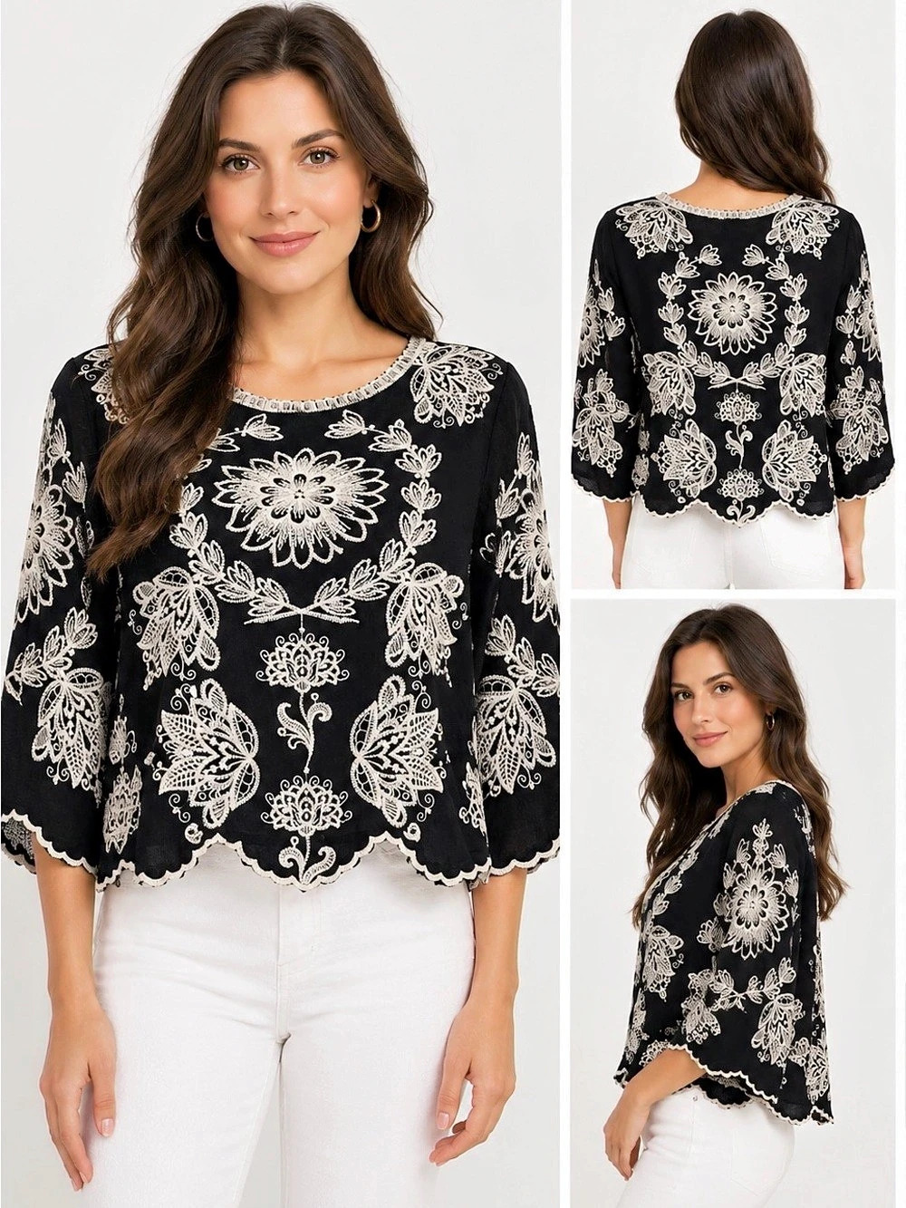Solitaire Boho Floral Embroidered Scalloped Crop Blouse - Size Medium